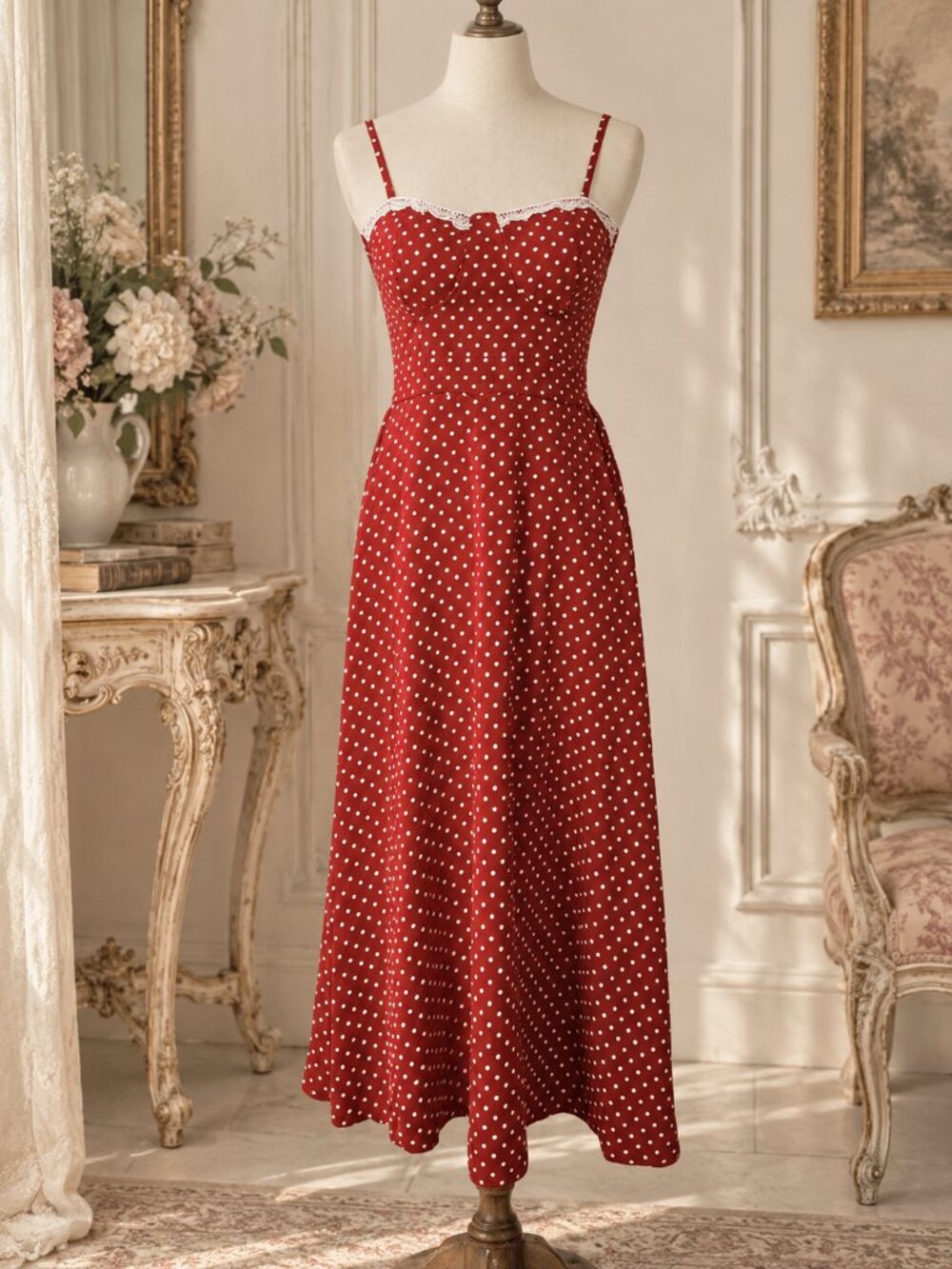 Red Polka Dot Fit & Flare Midi Dress Lace Trim Smocked  Milkmaid Vintage Retro